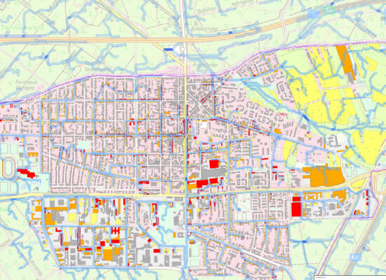 Karte Stadtgebiet Neu-Isenburg mit eingezeichneten Gefährdungsbereichen