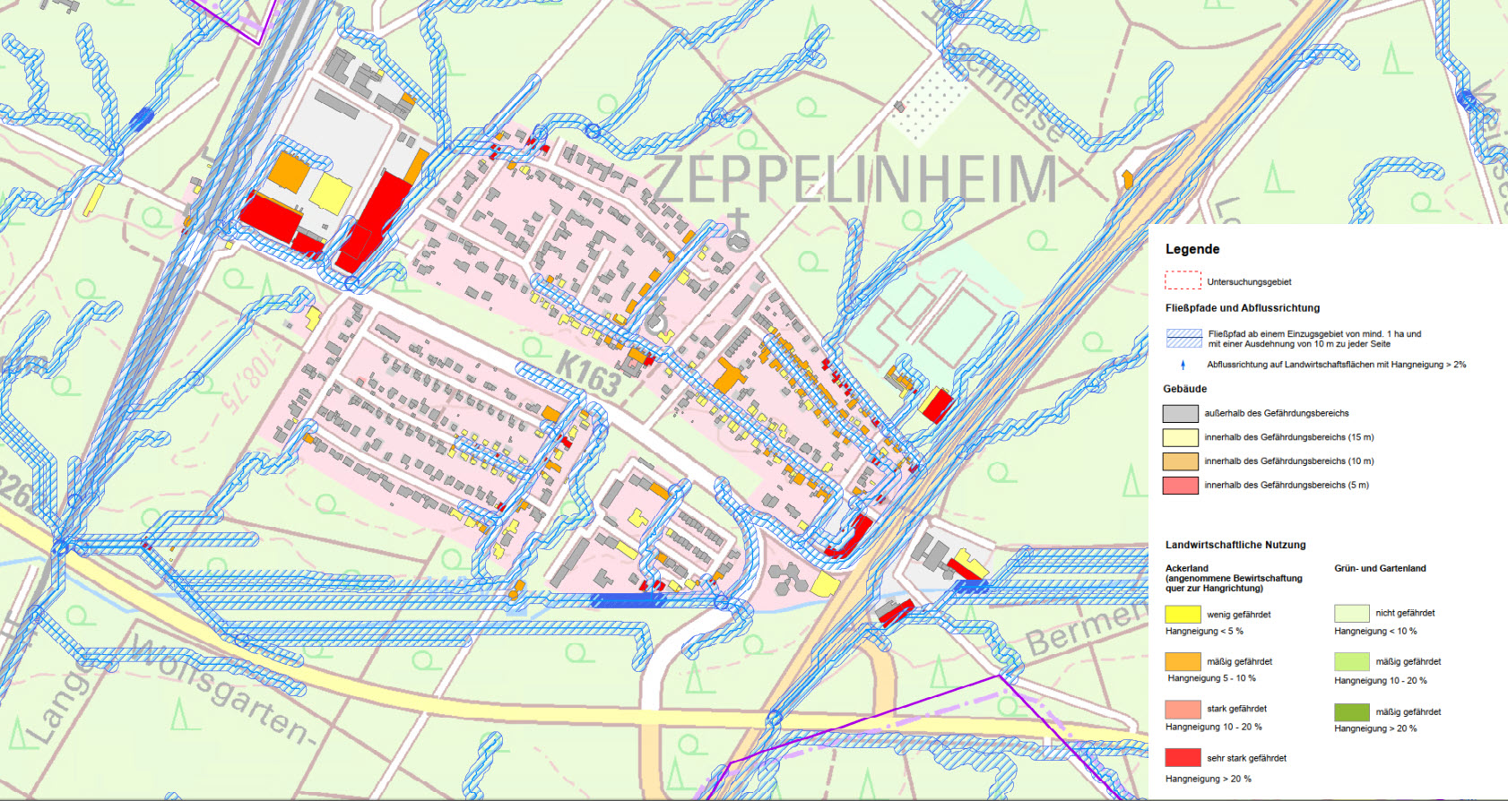 Karte Zeppelinheim mit eingezeichneten Gefährdungsbereichen