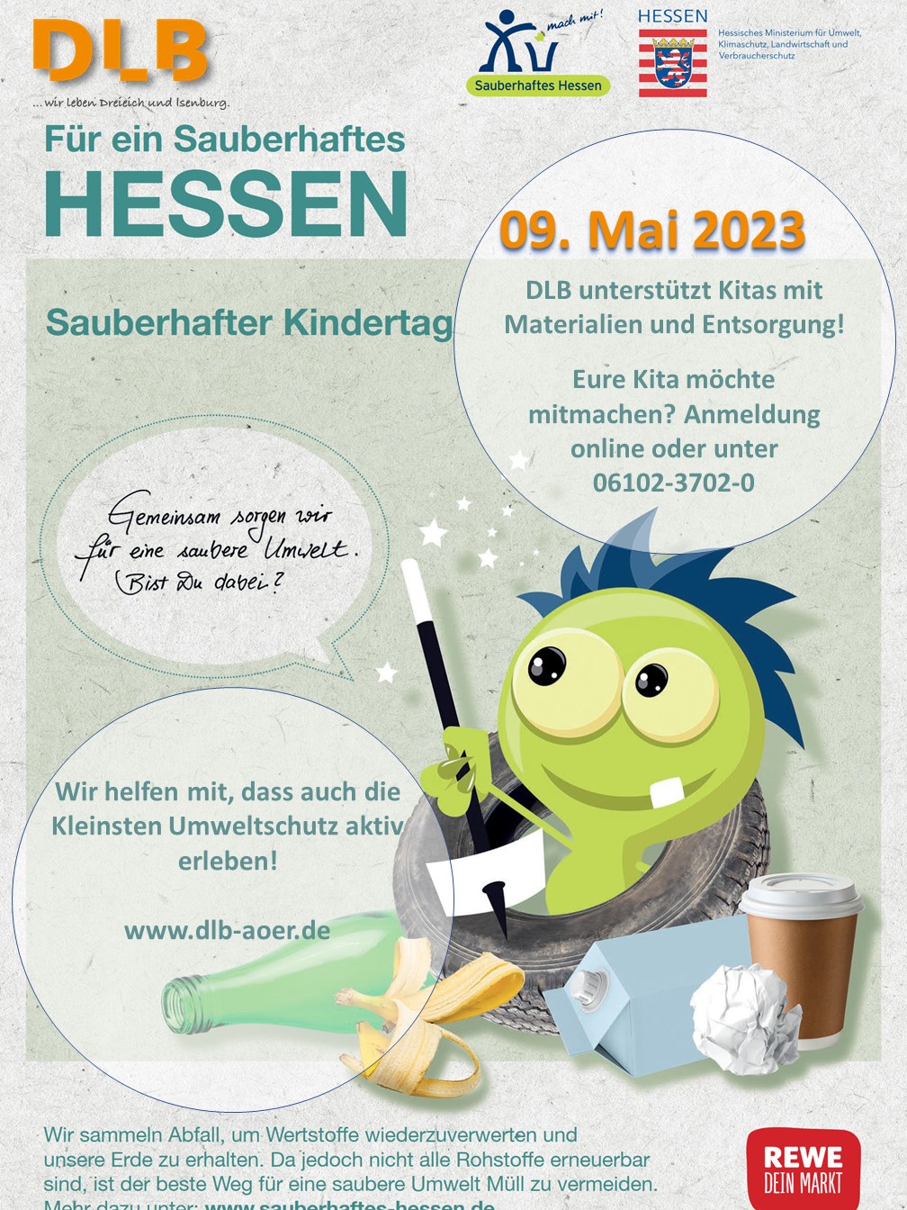 Plakat zum Sauberhaften Kindertag. Termin 09. Mai 2023. Zu sehen ist ein grünes Comic-Monster mit einem Zauberstab. Rundherum befindet sich verschiedener Müll.